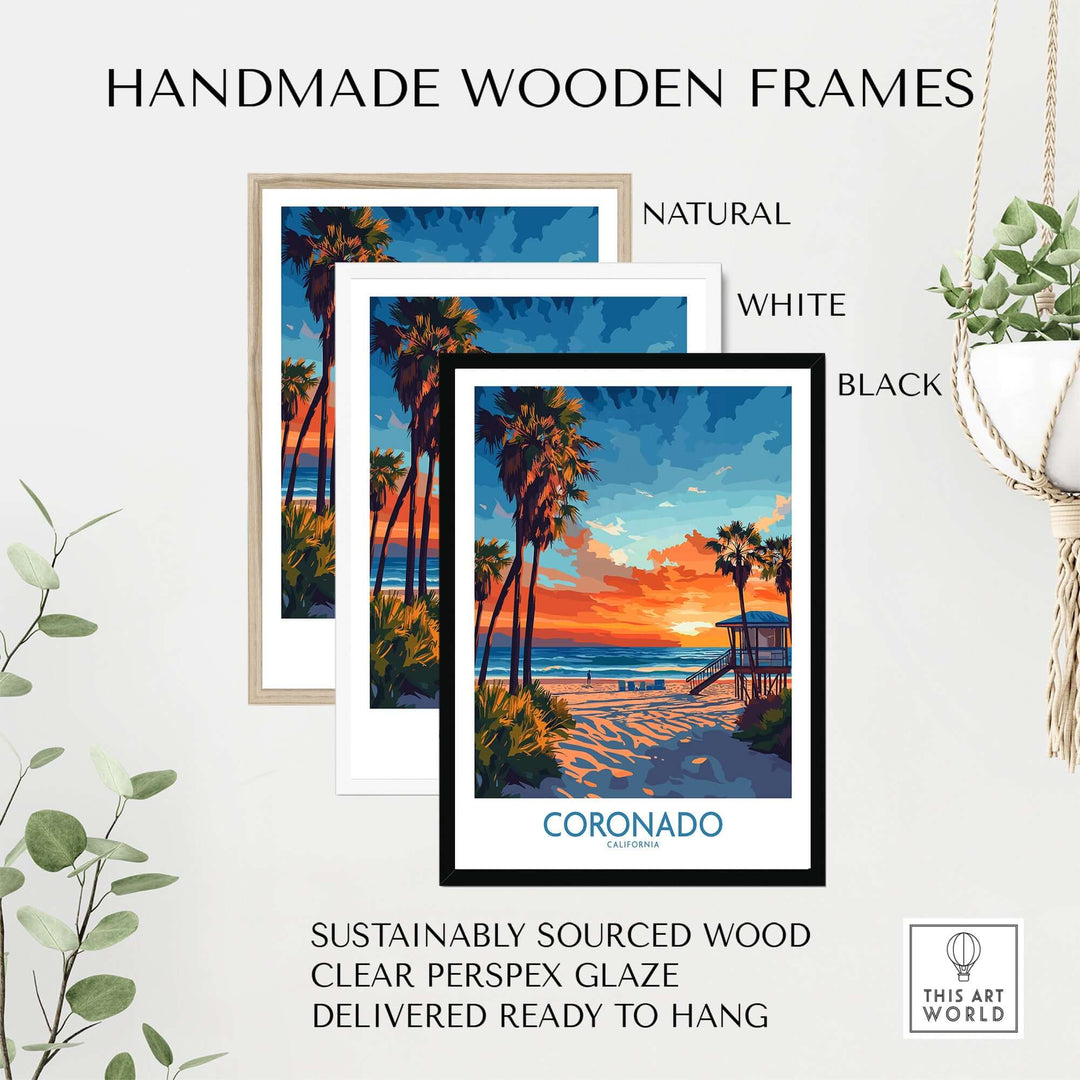 Handmade wooden frames in natural, white, and black styles for Coronado print, featuring sustainable materials and clear glaze.