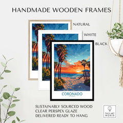 Coronado Print California displayed in three handmade wooden frames: natural, white, and black, ready to hang.