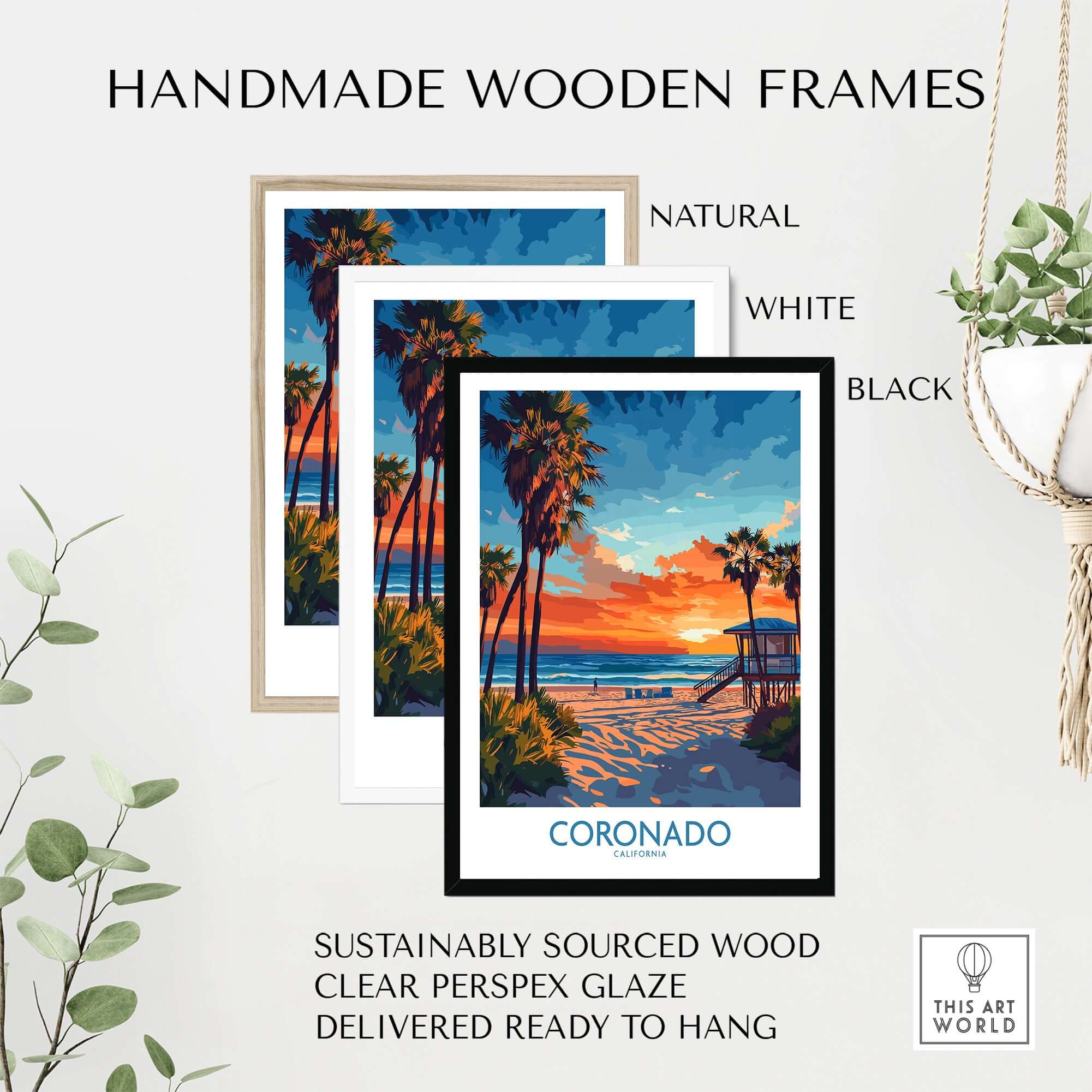 Coronado Print California displayed in three handmade wooden frames: natural, white, and black, ready to hang.