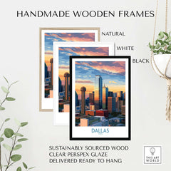 Dallas Texas Sunset Wall Art - Modern City Travel Decor displayed in various handmade wooden frames.