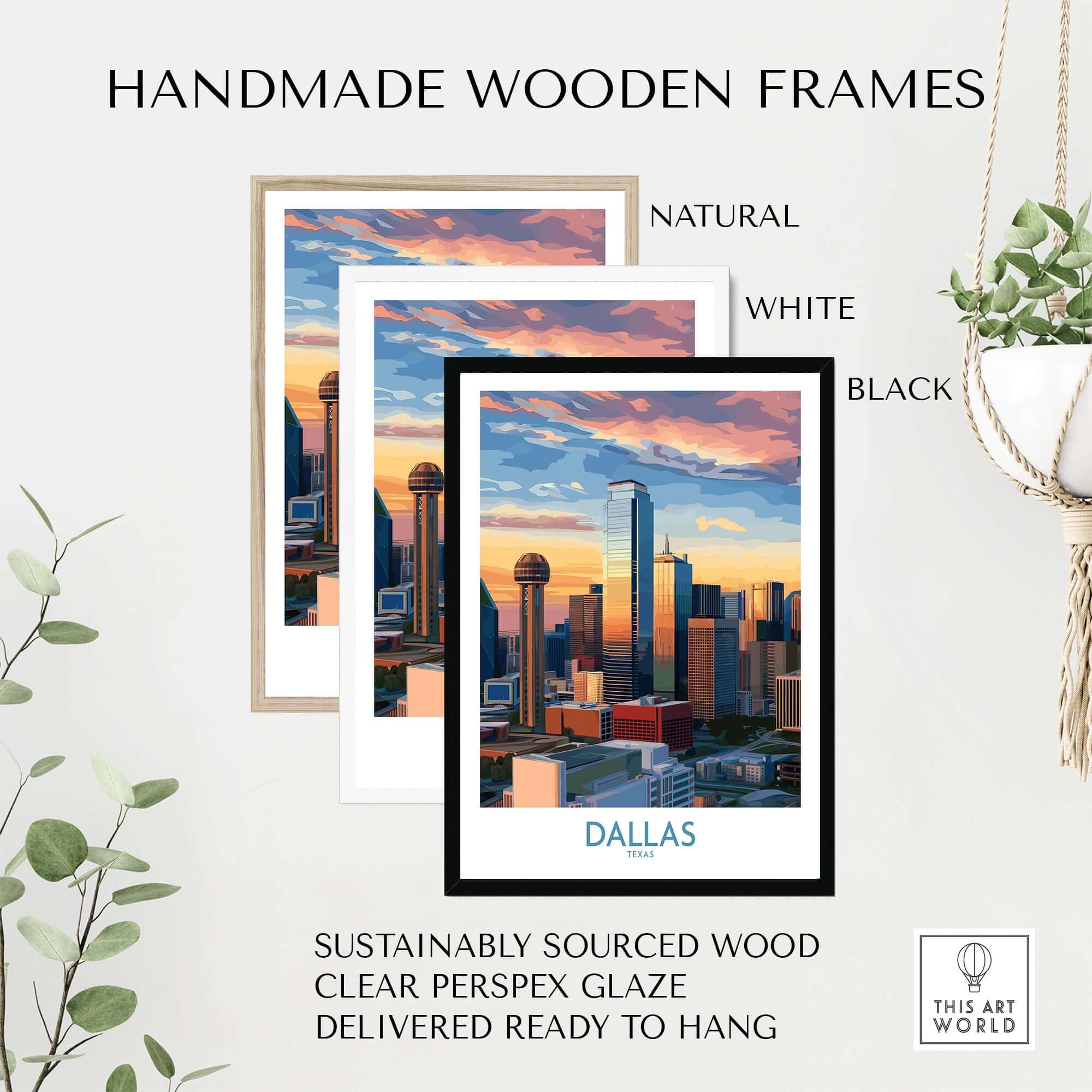 Dallas Texas Sunset Wall Art - Modern City Travel Decor displayed in various handmade wooden frames.