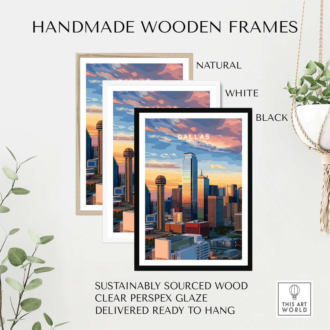 Handmade wooden frames in natural, white, and black styles for Dallas skyline poster with sustainable materials.