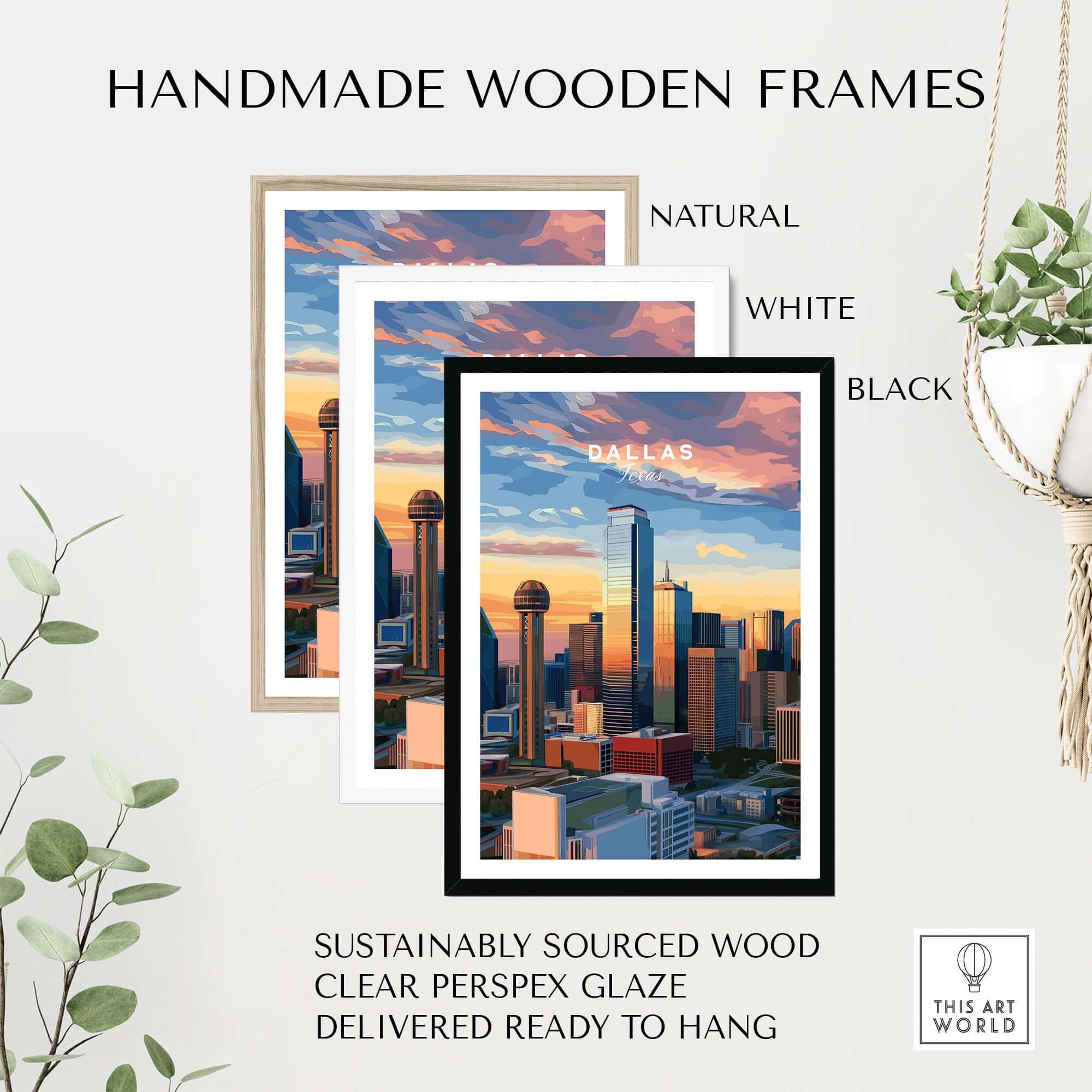 Dallas Texas Reunion Tower Skyline Poster - Downtown Cityscape Print in handmade wooden frames