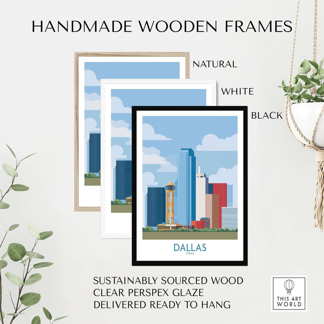 Handmade wooden frames in natural, white, and black finishes for Dallas cityscape poster decor.