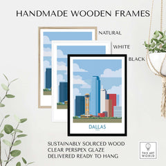 Dallas Cityscape Poster - Texas Travel Wall Art Decor displayed in handmade wooden frames.