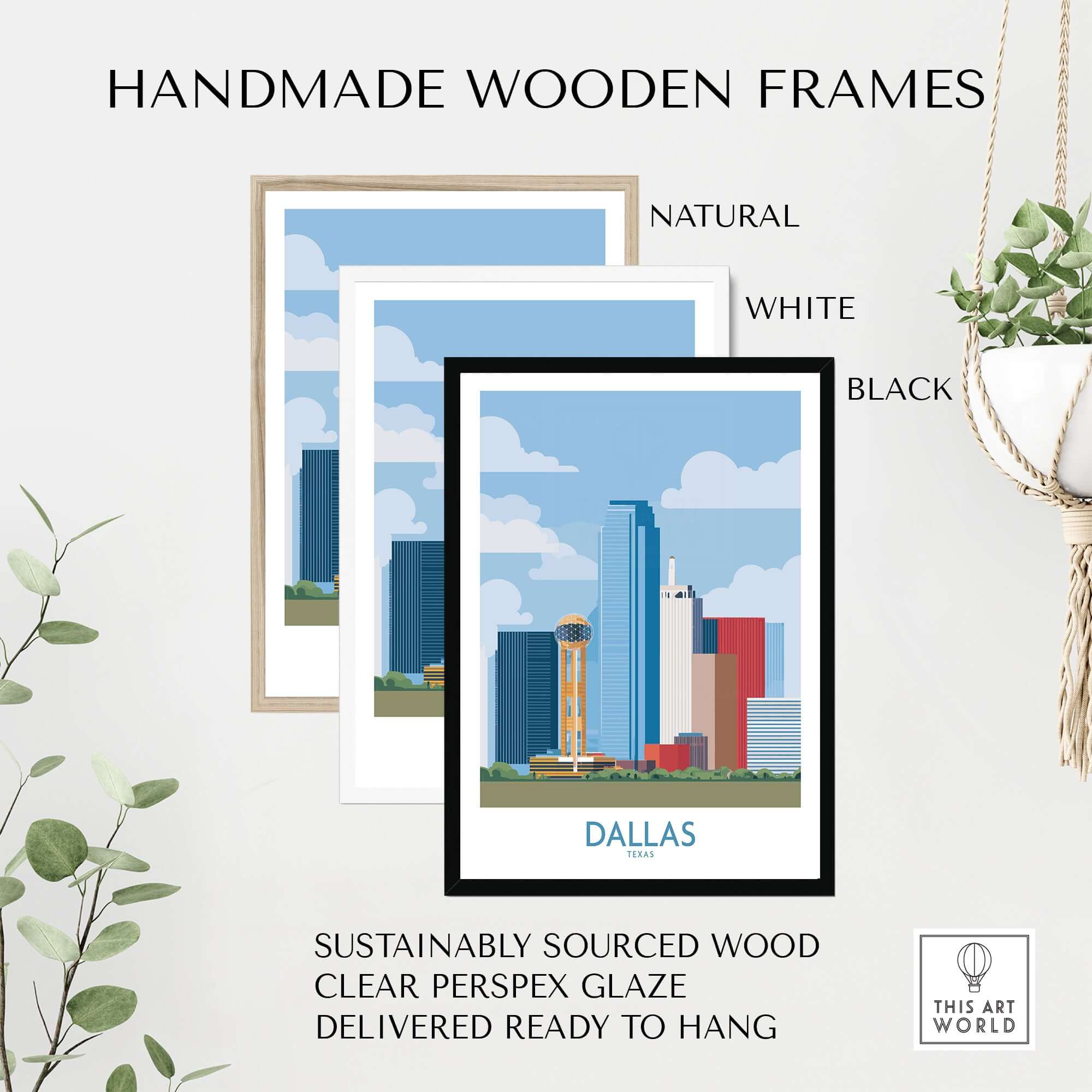 Dallas Cityscape Poster - Texas Travel Wall Art Decor displayed in handmade wooden frames.