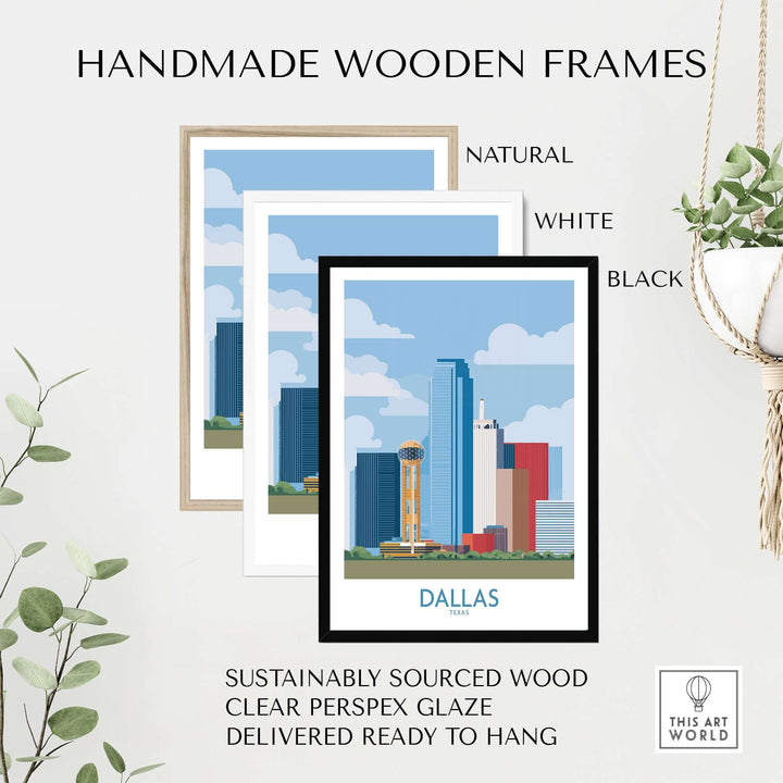 Handmade wooden frames in natural, white, and black finishes for Dallas cityscape poster decor.