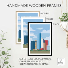 Dallas Texas Iconic Skyline Print - Reunion Tower Wall Art in handmade wooden frames, showcasing natural, white, and black options.
