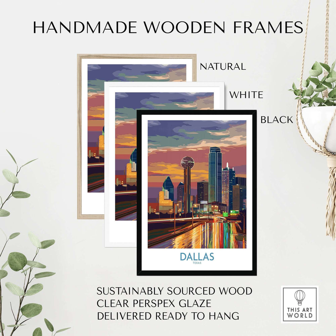Handmade wooden frames in natural, white, and black, designed for Dallas Downtown at Dusk wall art, sustainably sourced.