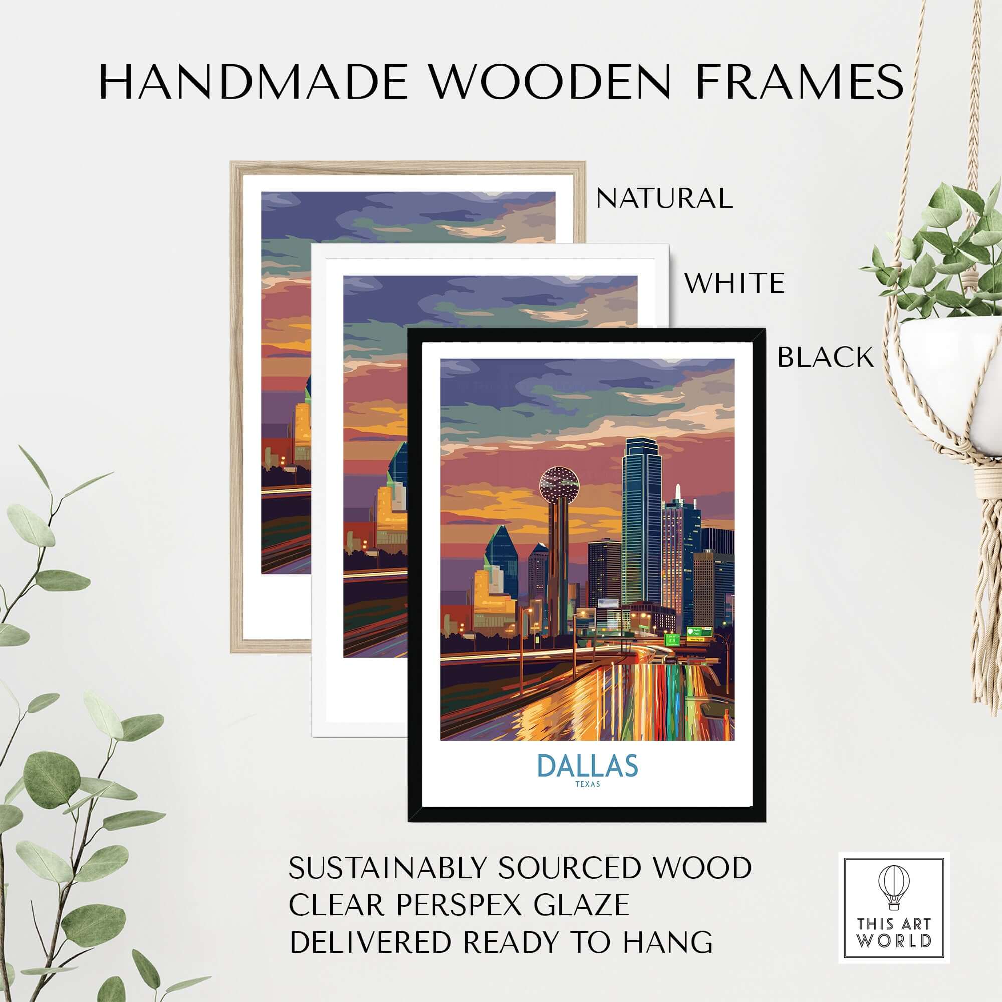 Dallas Downtown at Dusk Wall Art - Texas Urban Decor with handmade wooden frames in natural, white, and black.