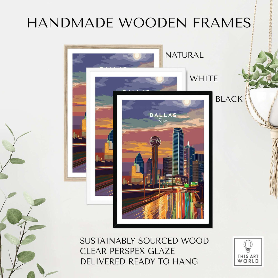 Handmade wooden frames in natural, white, and black showcasing Dallas skyline poster with vibrant colors.