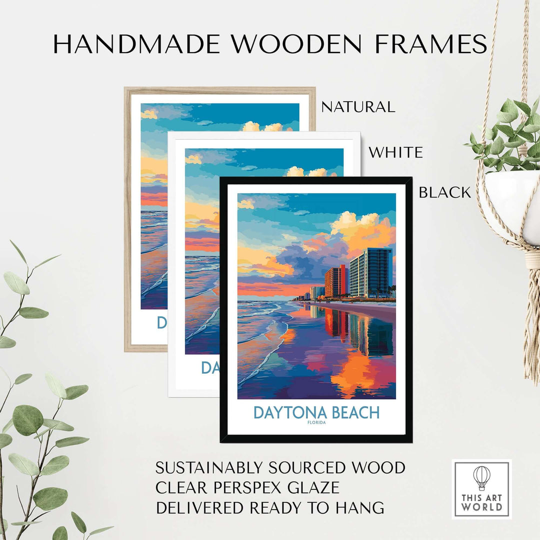 Handmade wooden frames in natural, white, and black for Daytona Beach poster, ready to hang and made from sustainably sourced wood.