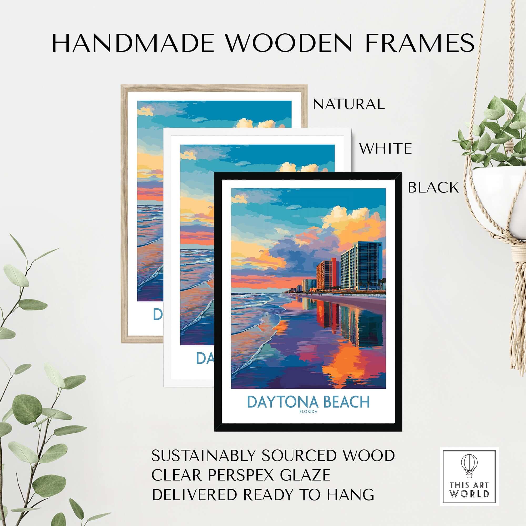 Handmade wooden frames in natural, white, and black styles for Daytona Beach Florida Oceanfront Reflections Poster.