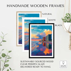 Daytona Beach Sunset Skyline Print - Florida Beachfront Cityscape Wall Art displayed in handmade wooden frames in various colors.