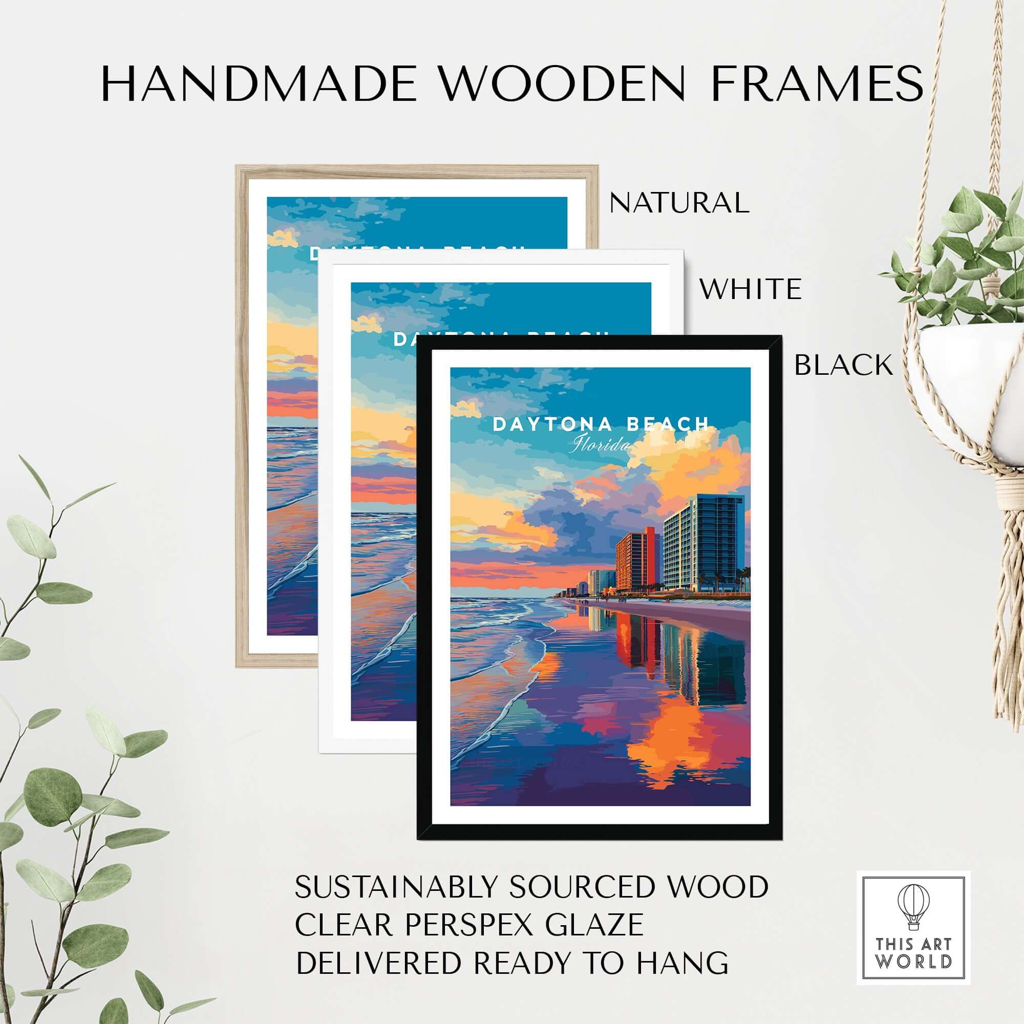 Daytona Beach Sunset Skyline Print - Florida Beachfront Cityscape Wall Art displayed in handmade wooden frames in various colors.