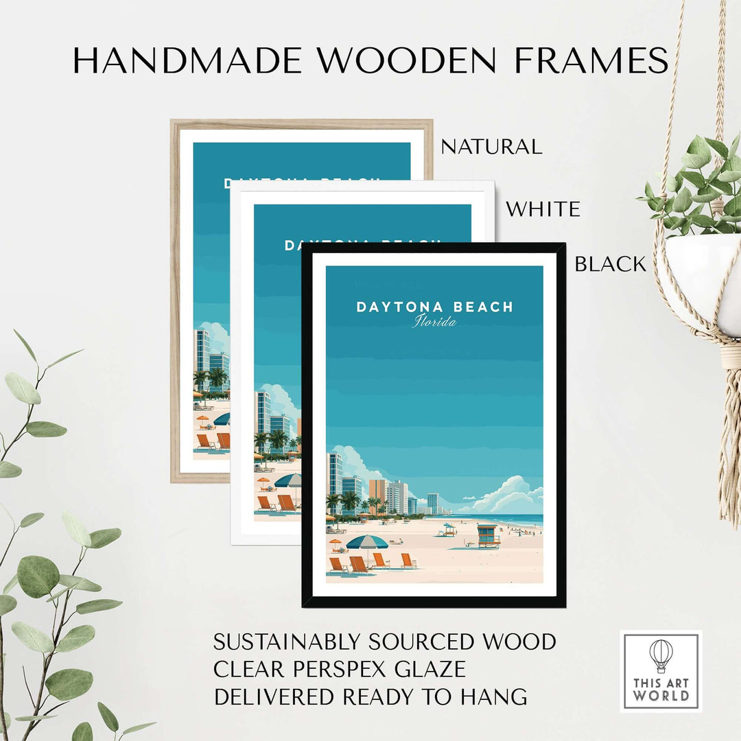 Handmade wooden frames in natural, white, and black for Daytona Beach wall art, made from sustainably sourced wood.