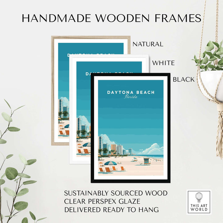 Handmade wooden frames in natural, white, and black for Daytona Beach wall art, made from sustainably sourced wood.