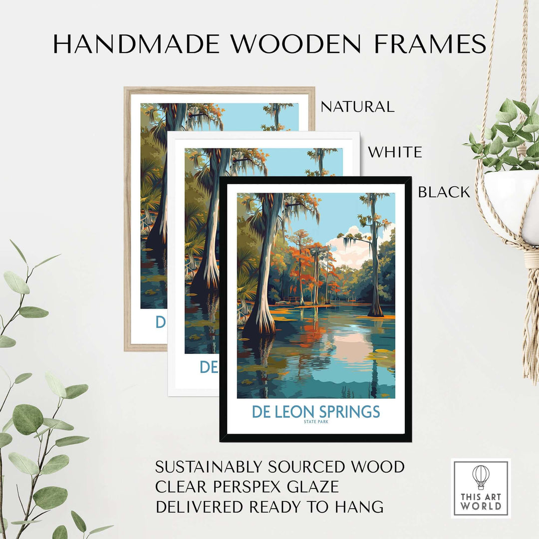 Handmade wooden frames in natural, white, and black finishes for De Leon Springs Cypress Trees & Water Print decor.