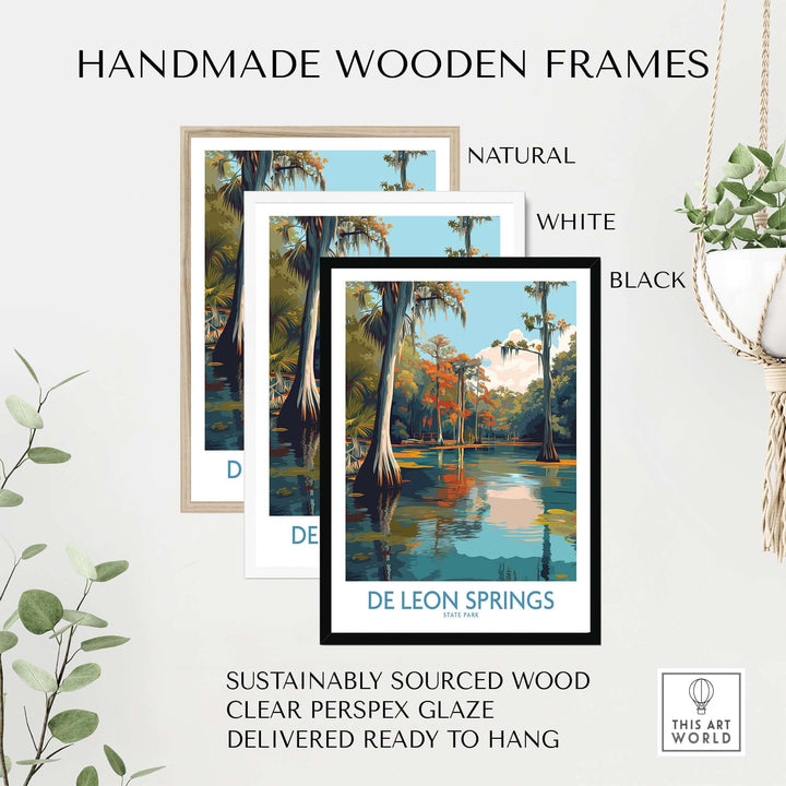 Handmade wooden frames in natural, white, and black finishes for De Leon Springs Cypress Trees & Water Print decor.