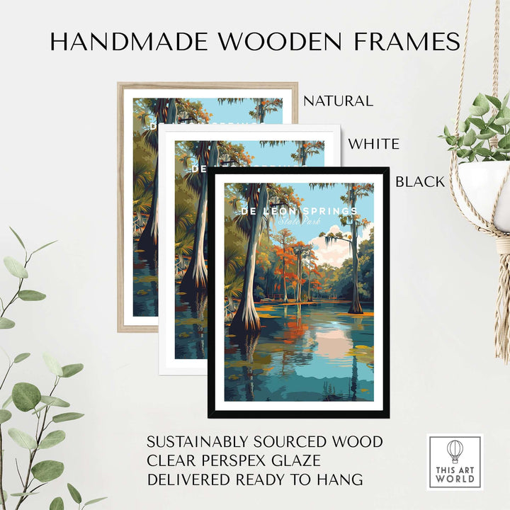 Handmade wooden frames for De Leon Springs poster in natural, white, and black styles, ready to hang decor.