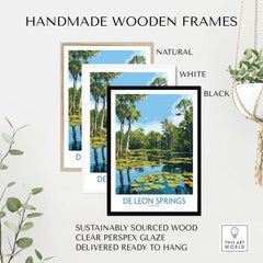 De Leon Springs Florida Green Lily Pond Poster - Florida State Park Decor displayed in handmade wooden frames.