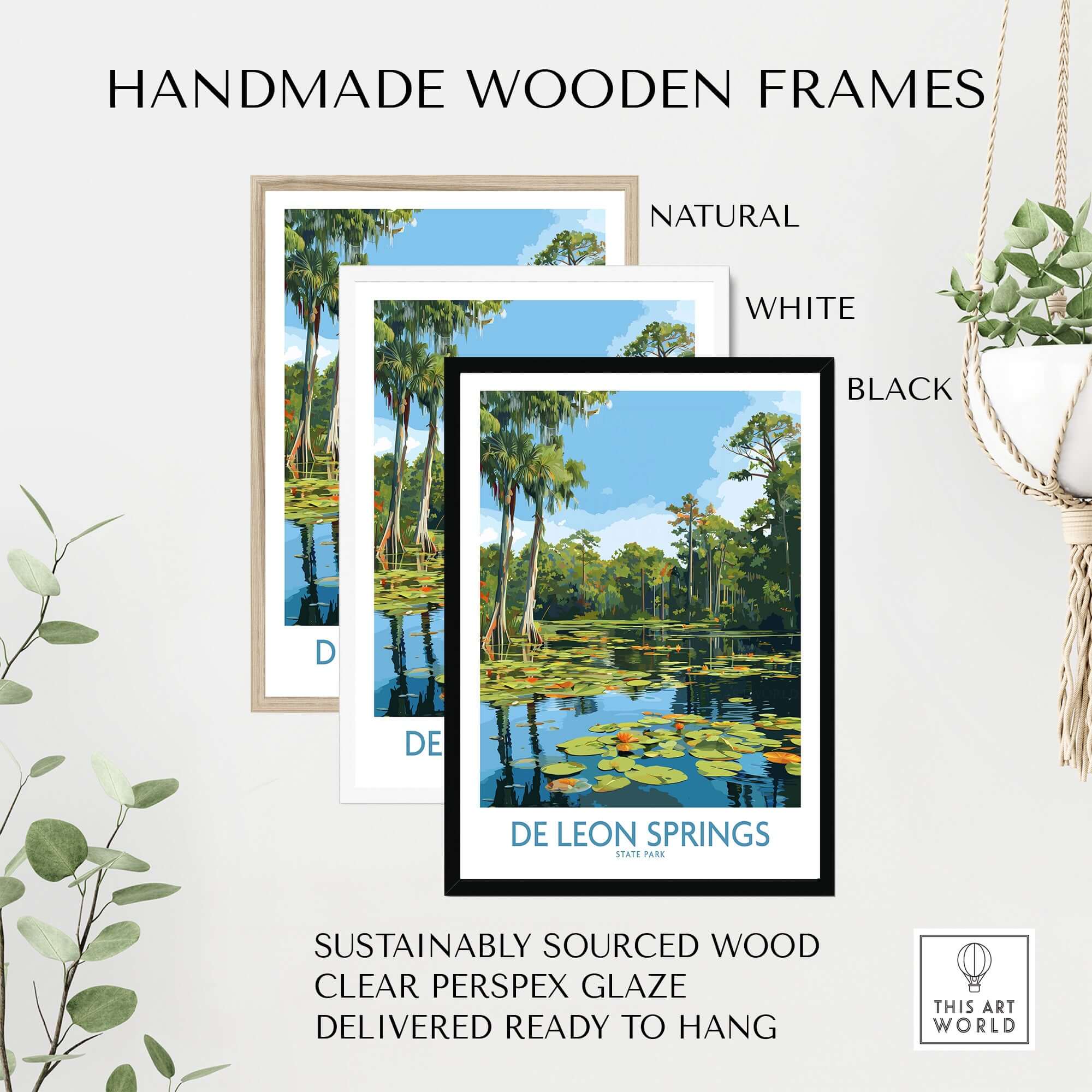 De Leon Springs Florida Green Lily Pond Poster - Florida State Park Decor displayed in handmade wooden frames.