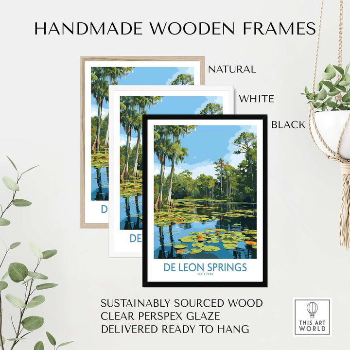 De Leon Springs Green Lily Pond Poster in handmade wooden frames - natural, white, and black options.
