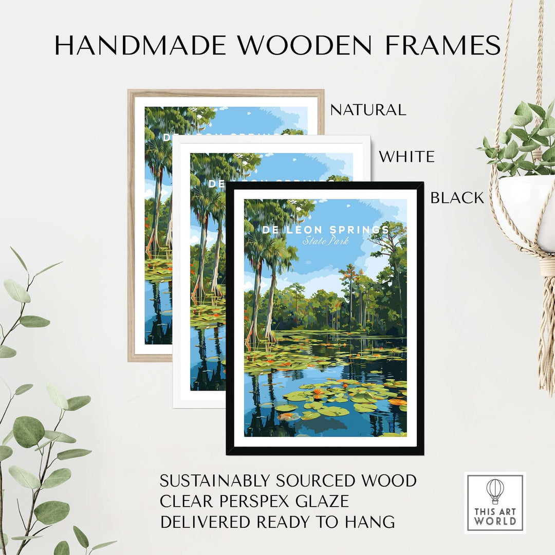Handmade wooden frames in natural, white, and black finishes for De Leon Springs Lily Pads wall art.