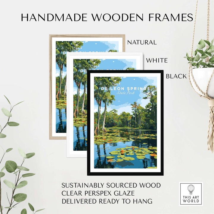 Handmade wooden frames in natural, white, and black finishes for De Leon Springs Lily Pads wall art.