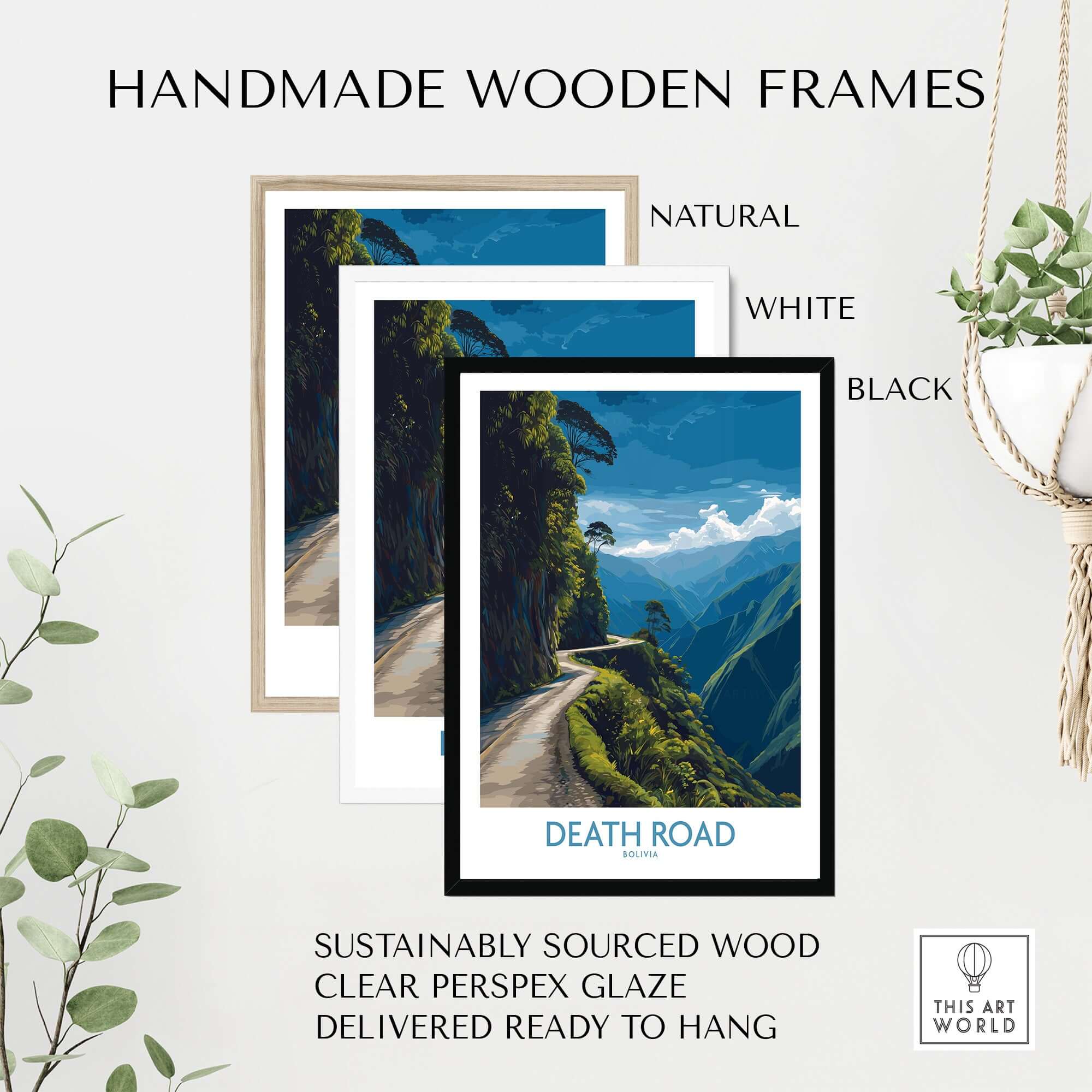 Handmade wooden frames for Death Road Bolivia Mountain Art Print | Yungas Camino Poster in natural, white, and black.