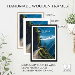 Death Road Print | South America Adventure Decor | Yungas Road Poster in natural, white, and black handmade wooden frames.