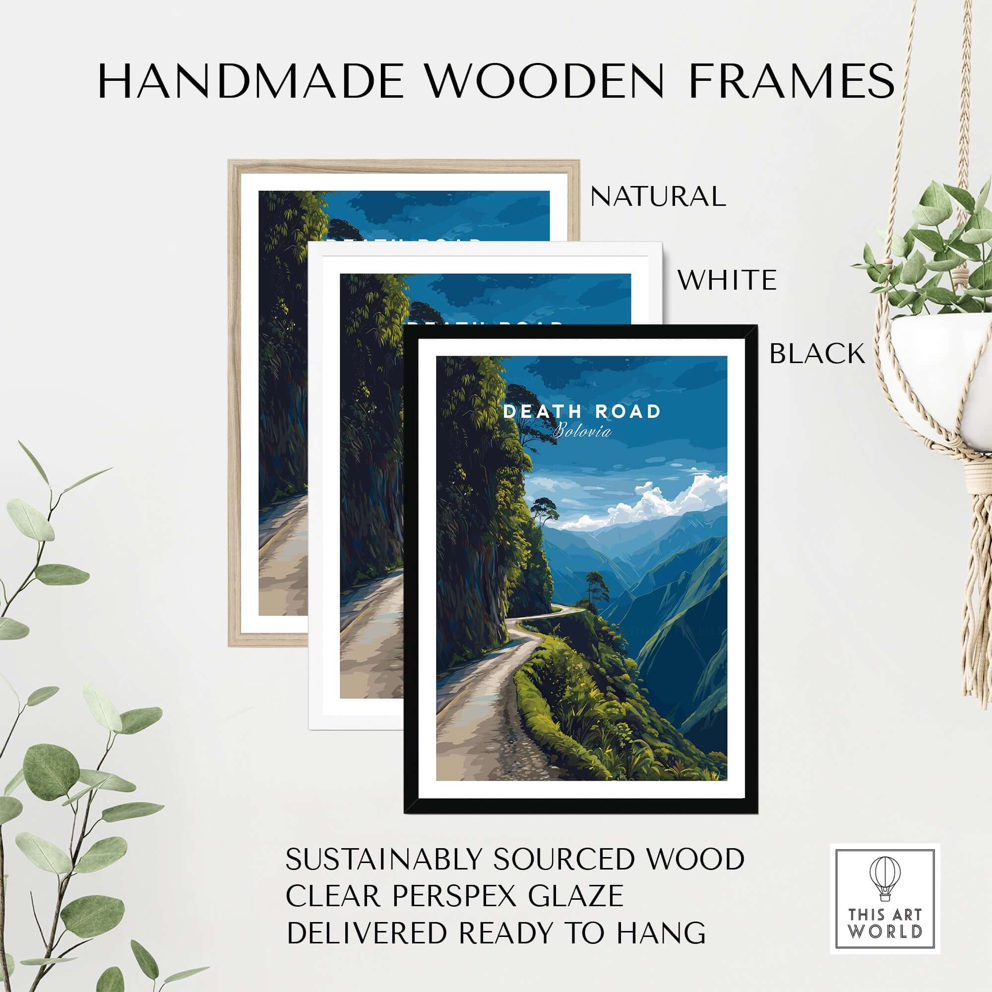 Death Road Print | South America Adventure Decor | Yungas Road Poster in natural, white, and black handmade wooden frames.