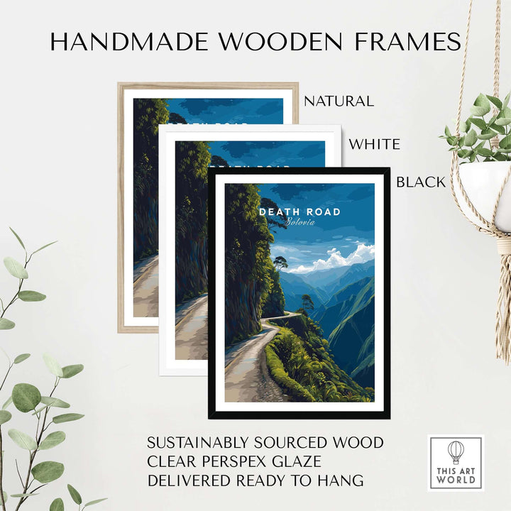 Handmade wooden frames in natural, white, and black for Death Road Print | South America Adventure Decor | Yungas Road Poster.