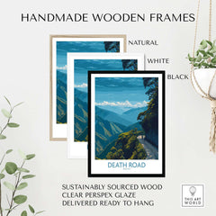 Handmade wooden frames in natural, white, and black for Death Road Bolivia Hiking Trail Art Print | Camino de la Mortes Poster.