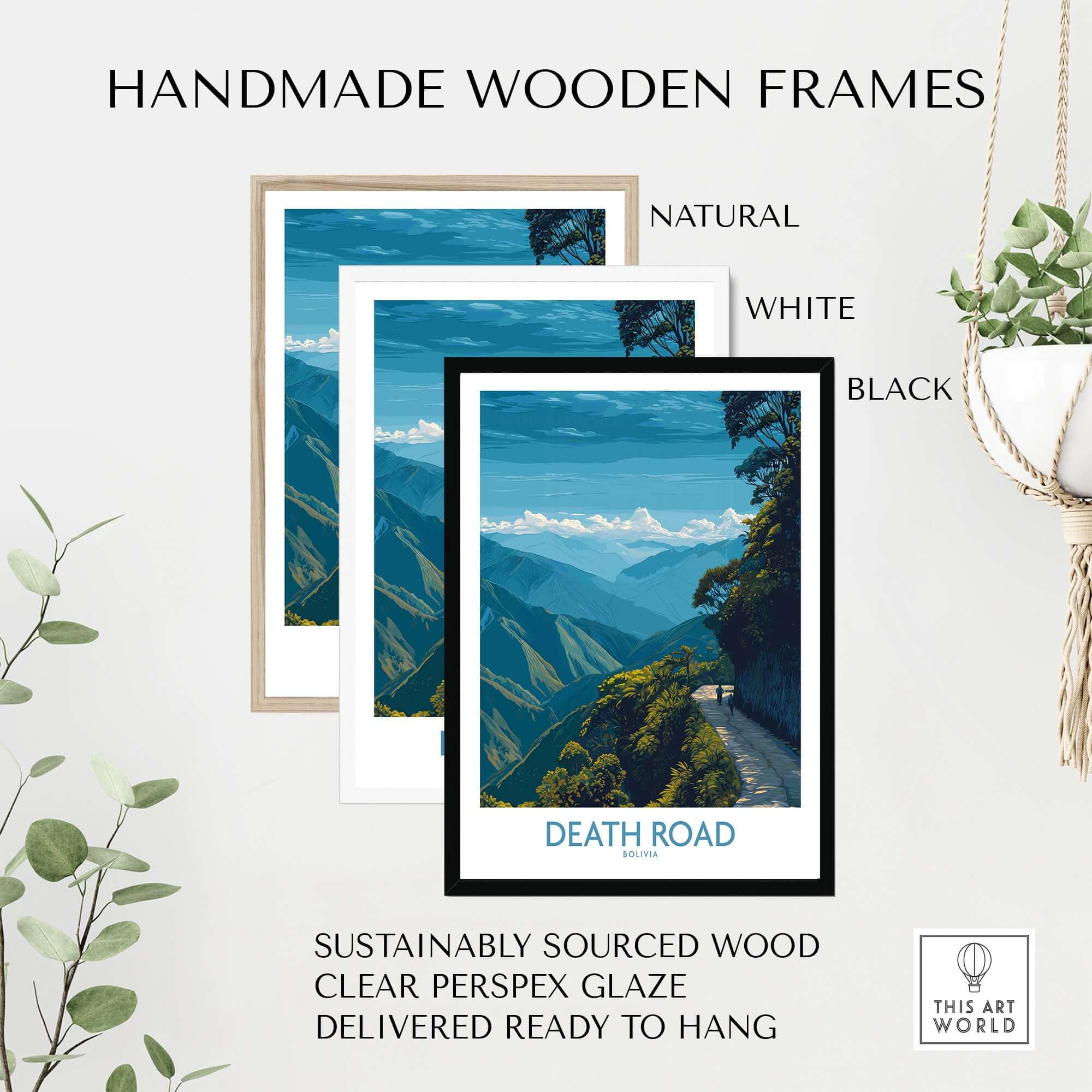 Handmade wooden frames in natural, white, and black for Death Road Bolivia Hiking Trail Art Print | Camino de la Mortes Poster.