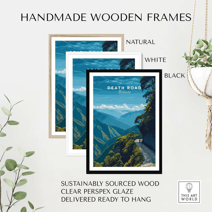 Death Road Yungas Adventure Scenic Print | Bolivian Travel Wall Decor framed in handmade wooden frames.