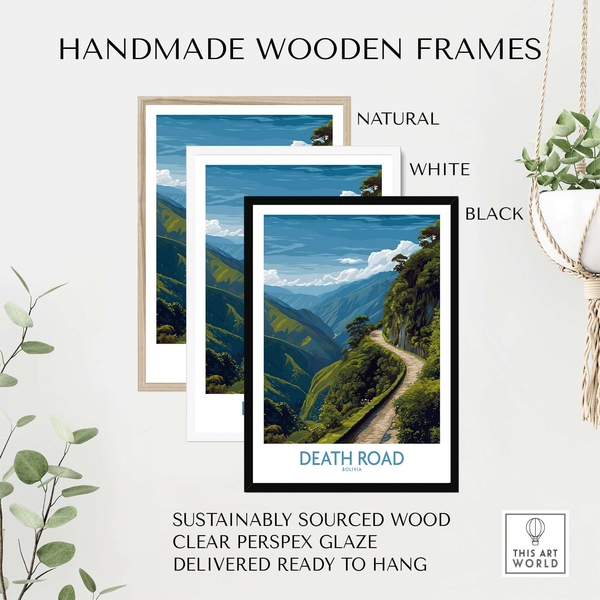 Death Road Bolivia Art Print | Yungas Road Poster displayed in handmade wooden frames: natural, white, and black.
