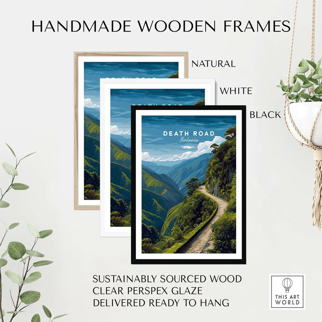 Death Road Andes Print | Yungas Road Poster framed in natural, white, and black handmade wooden frames.