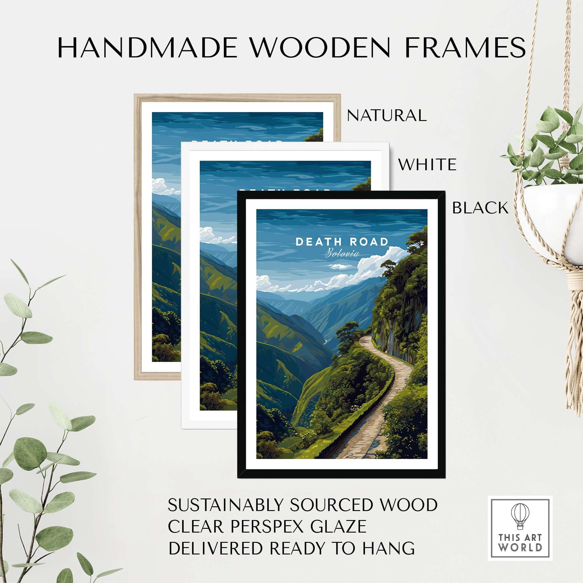 Death Road Andes Print | Yungas Road Poster showcased in handmade wooden frames in natural, white, and black.