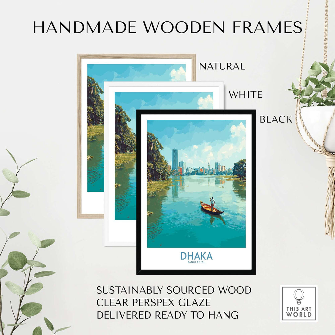 Handmade wooden frames for Dhaka river poster in natural, white, and black options, sustainably sourced wood, ready to hang.