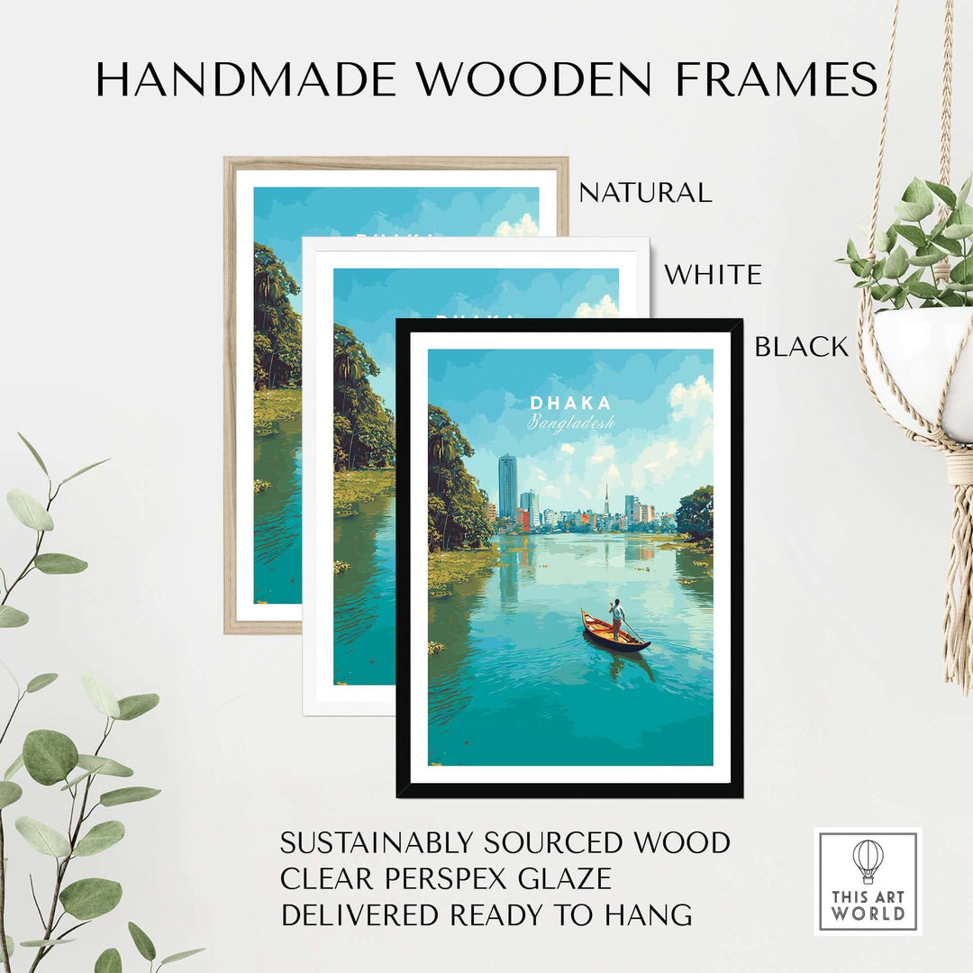 Handmade wooden frames in natural, white, and black for showcasing Dhaka river city view print.