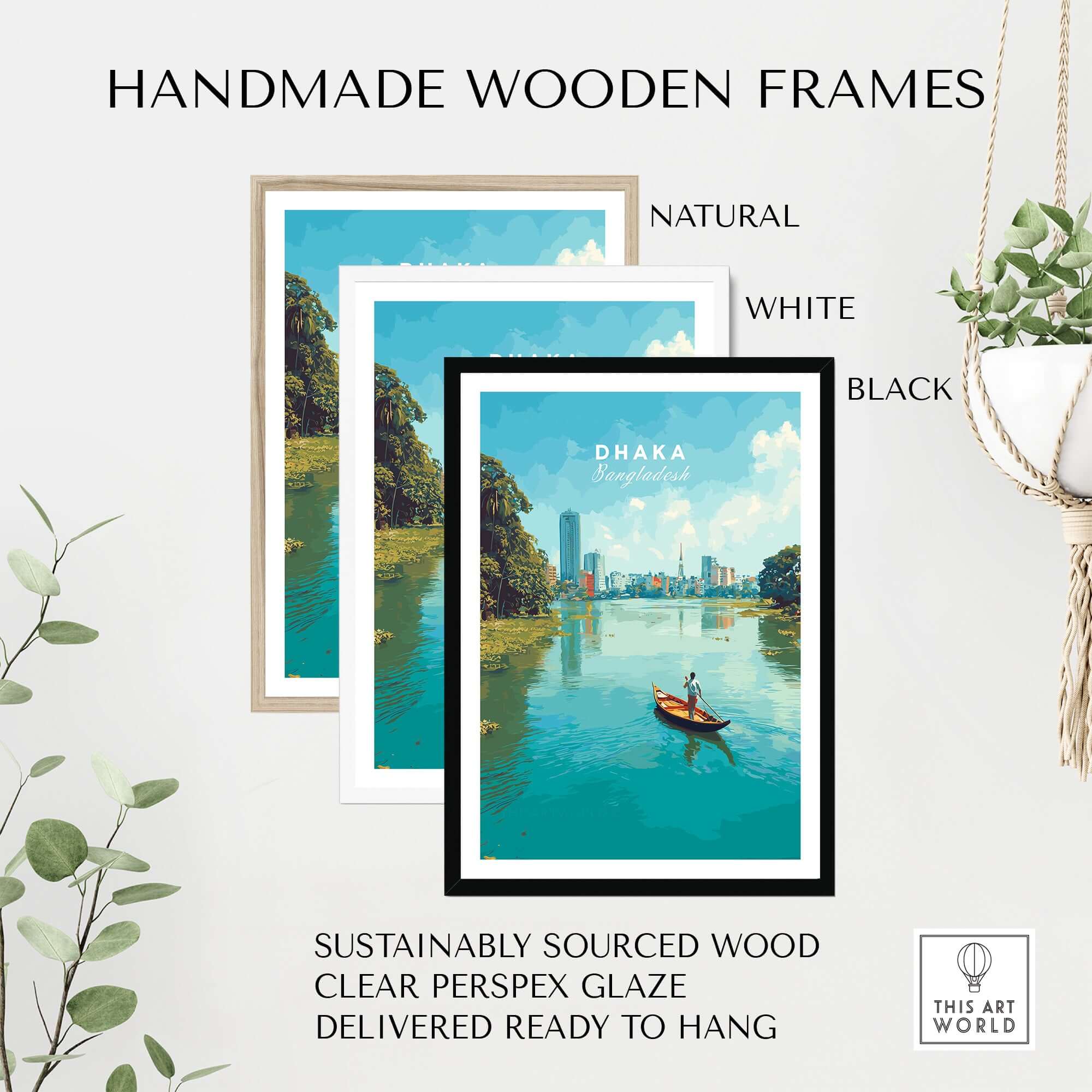 Dhaka Poster Bangladesh River City View Print - Urban Waterfront Wall Art framed in handmade wooden frames.