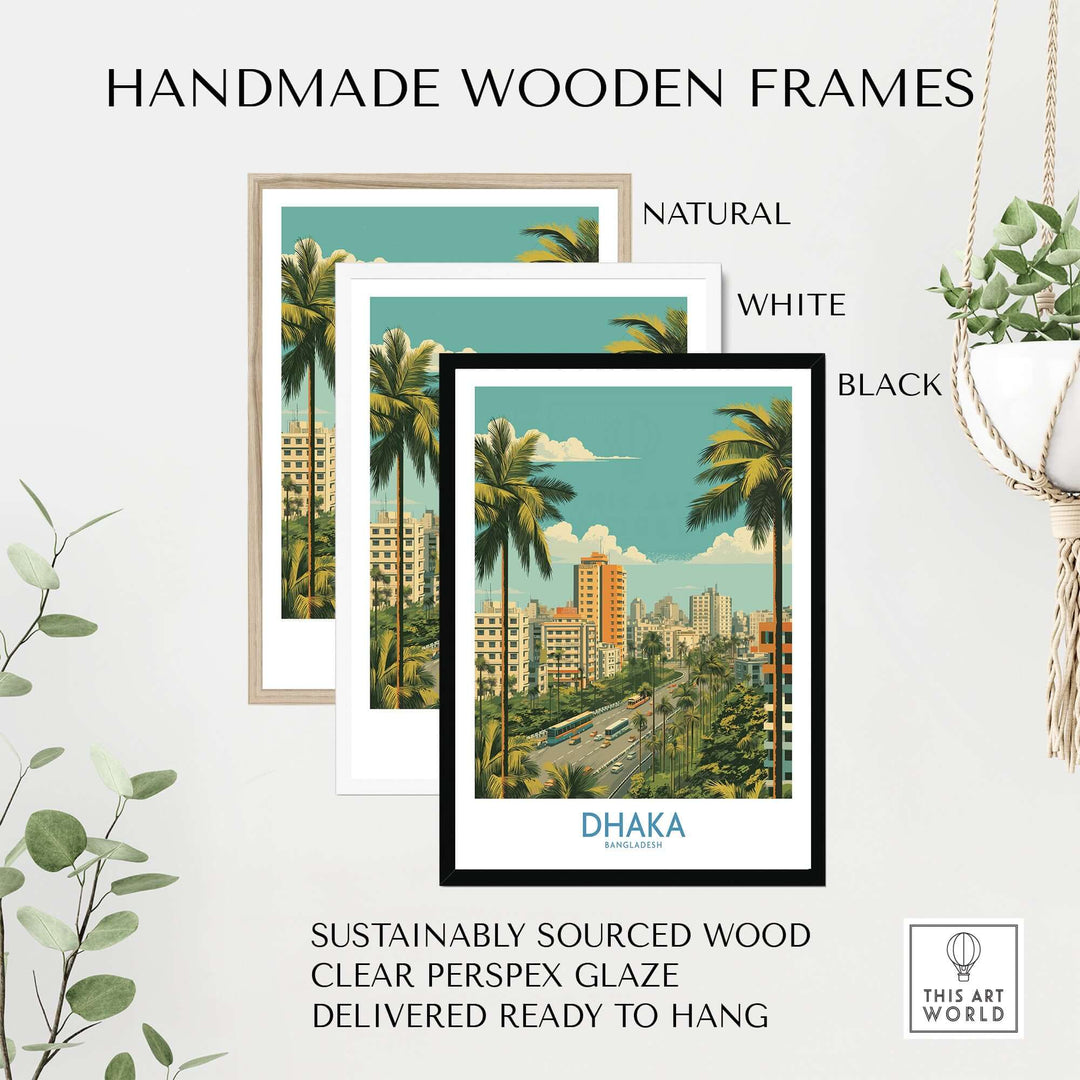 Handmade wooden frames in natural, white, and black for Dhaka cityscape artwork, featuring sustainably sourced wood.
