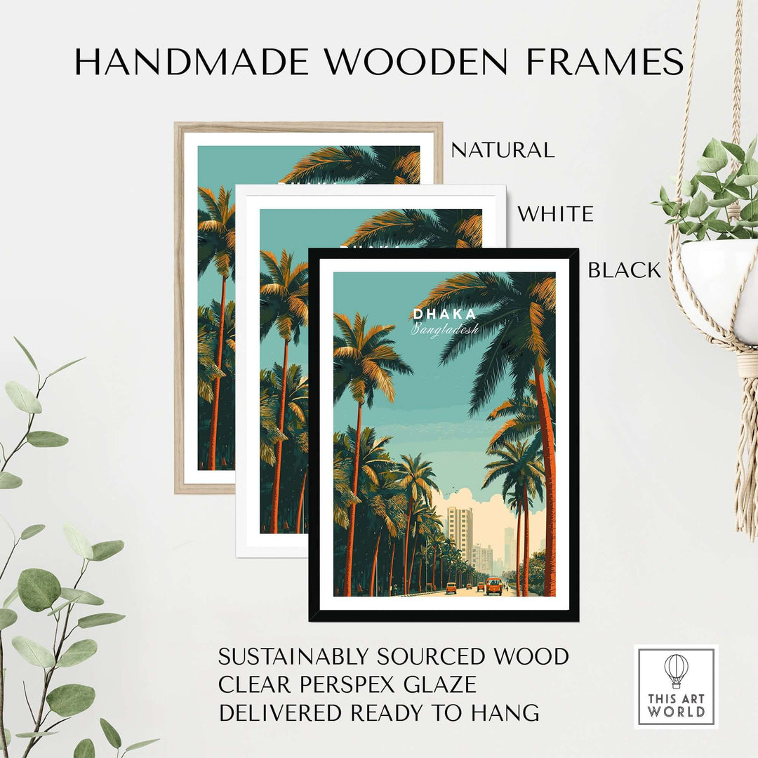 Handmade wooden frames in natural, white, and black featuring Dhaka print, sustainably sourced wood, and ready to hang.