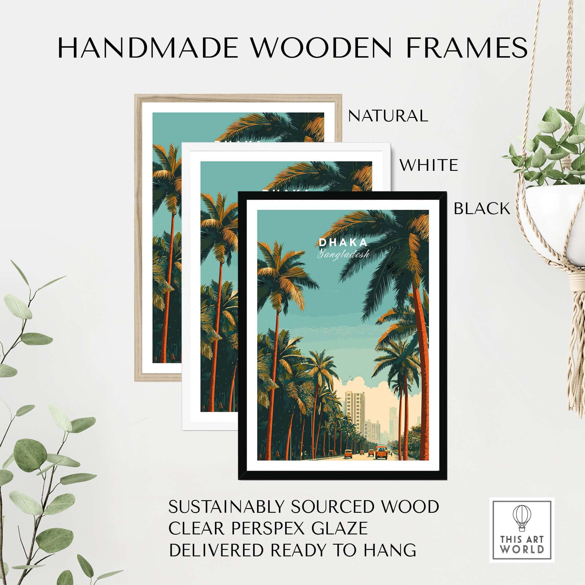 Dhaka Bangladesh Print - City Life Wall Art displayed in handmade wooden frames including natural, white, and black options.