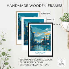 Glasgow Clock Tower Cityscape Poster - Scottish Travel Decor displayed in handmade wooden frames.