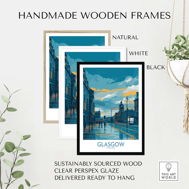 Handmade wooden frames in natural, white, and black for Glasgow Clock Tower cityscape poster, ready to hang.