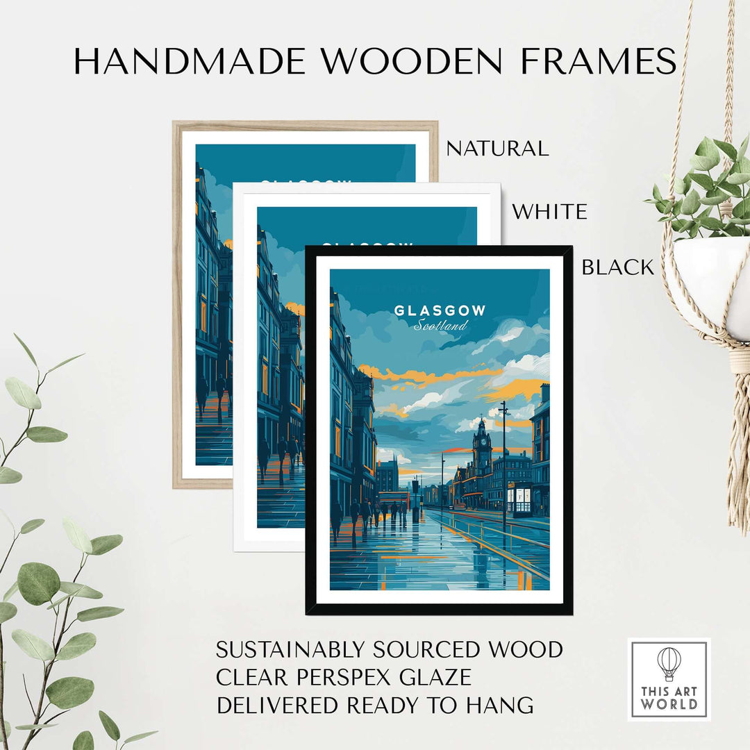Handmade wooden frames for Glasgow art print in natural, white, and black finishes, made from sustainable wood.