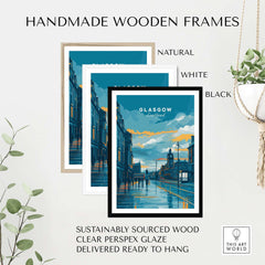 Handmade wooden frames in natural, white, and black for Glasgow City Street at Dusk Print - Scotland Wall Art.