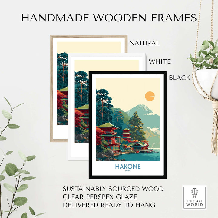 Handmade wooden frames in natural, white, and black for Hakone Japan Lake Ashi temple art, sustainably sourced and ready to hang.